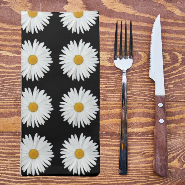 White Daisy Floral Pattern on Black Cloth Napkin (In Situ Tableware)