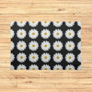 White Daisy Floral Pattern on Black Cloth Placemat