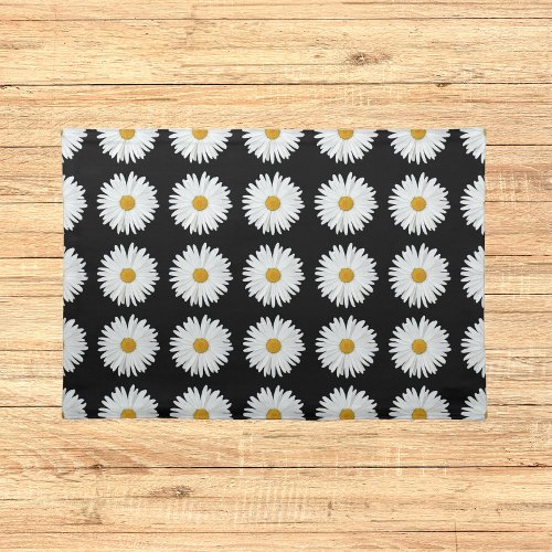 White Daisy Floral Pattern on Black Cloth Placemat