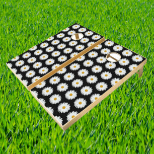 White Daisy Floral Pattern on Black Cornhole Set