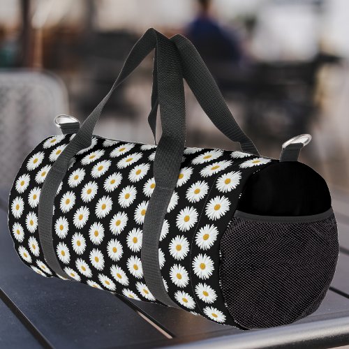 White Daisy Floral Pattern on Black Duffle Bag
