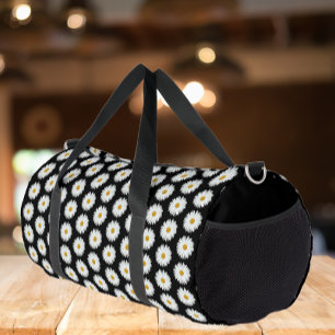 White Daisy Floral Pattern on Black Duffle Bag