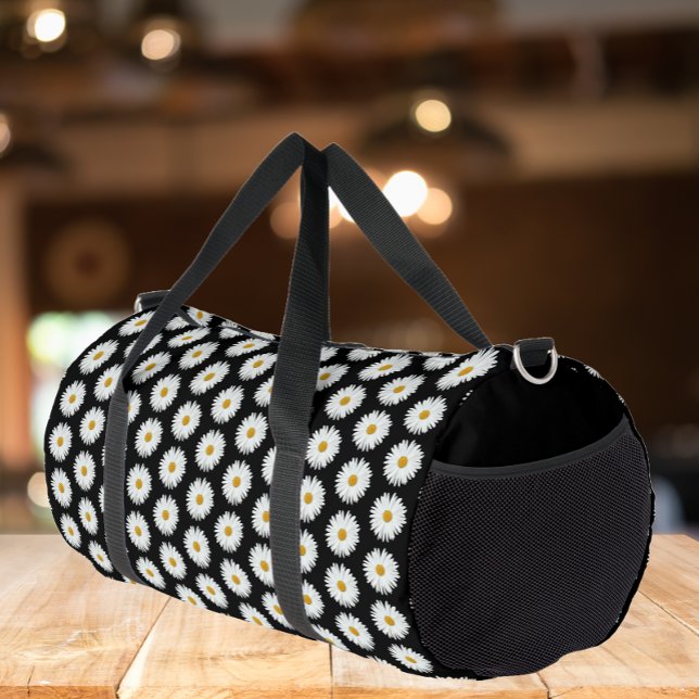 White Daisy Floral Pattern on Black Duffle Bag (Creator Uploaded)