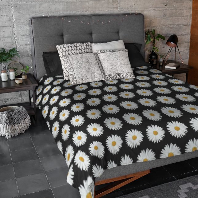 White Daisy Floral Pattern on Black Duvet Cover (In Situ)