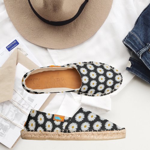 White Daisy Floral Pattern on Black Espadrilles