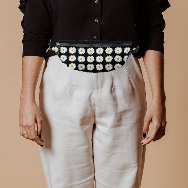 White Daisy Floral Pattern on Black Fanny Pack (In Situ)