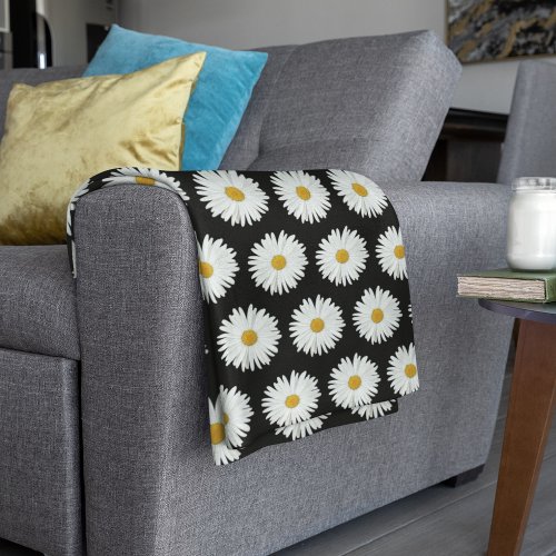 White Daisy Floral Pattern on Black Fleece Blanket