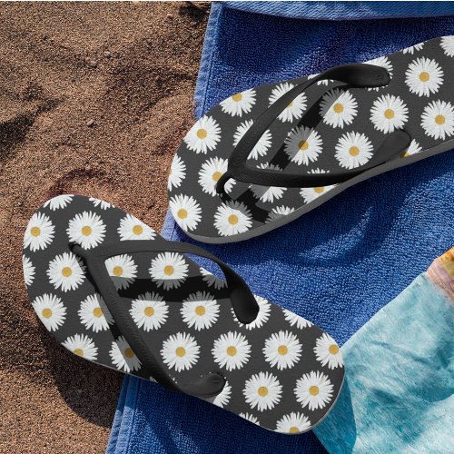 White Daisy Floral Pattern on Black Flip Flops