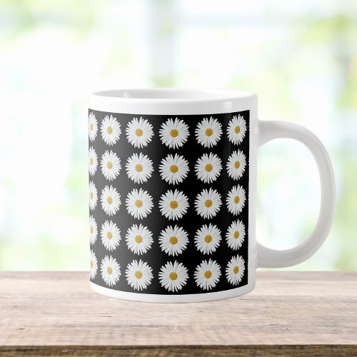 White Daisy Floral Pattern on Black Giant Coffee Mug