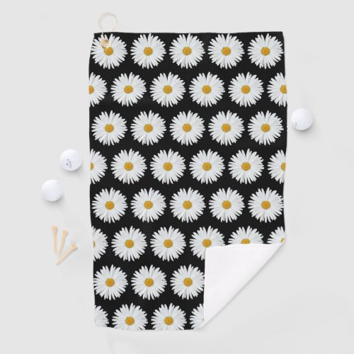 White Daisy Floral Pattern on Black Golf Towel