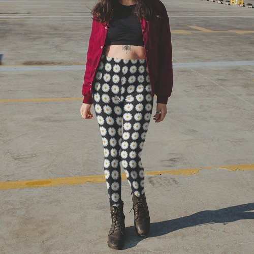 White Daisy Floral Pattern on Black Leggings