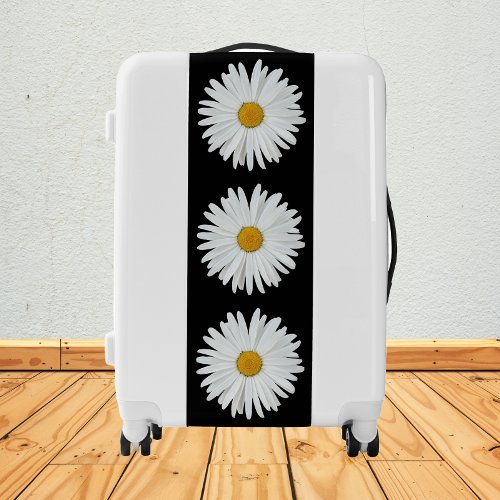 White Daisy Floral Pattern on Black Luggage