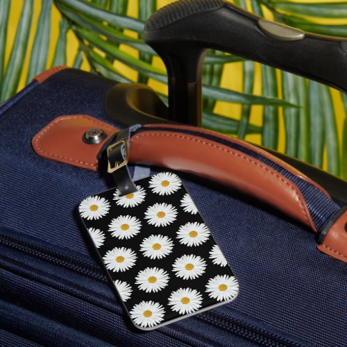White Daisy Floral Pattern on Black Luggage Tag