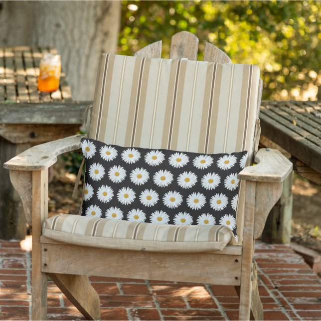 White Daisy Floral Pattern on Black Lumbar Pillow (Chair)