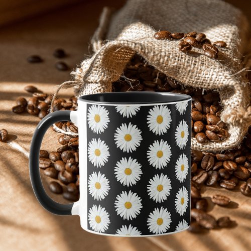 White Daisy Floral Pattern on Black Mug