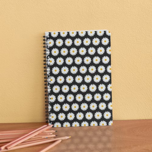 White Daisy Floral Pattern on Black Notebook