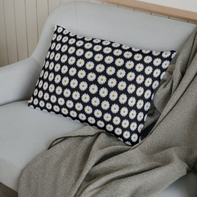 White Daisy Floral Pattern on Black Pillow Case (In Situ)