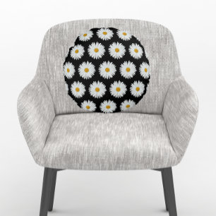 White Daisy Floral Pattern on Black Round Pillow