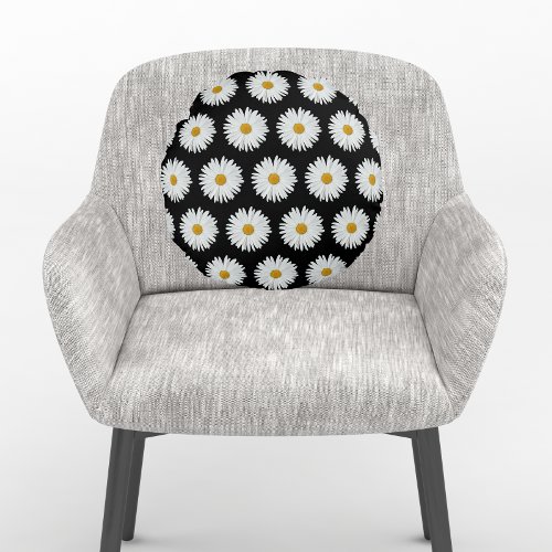 White Daisy Floral Pattern on Black Round Pillow