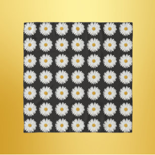 White Daisy Floral Pattern on Black Scarf