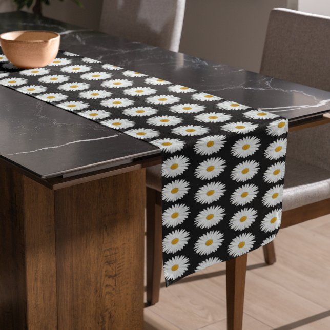 White Daisy Floral Pattern on Black Short Table Runner (In Situ)