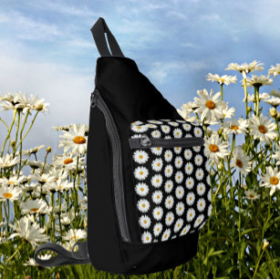 White Daisy Floral Pattern on Black Sling Bag