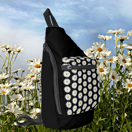 White Daisy Floral Pattern on Black Sling Bag