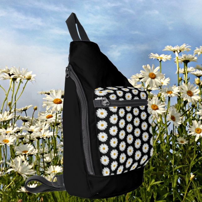 White Daisy Floral Pattern on Black Sling Bag (In Situ)
