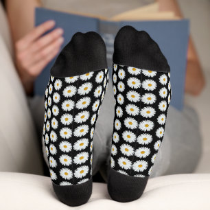 White Daisy Floral Pattern on Black Socks