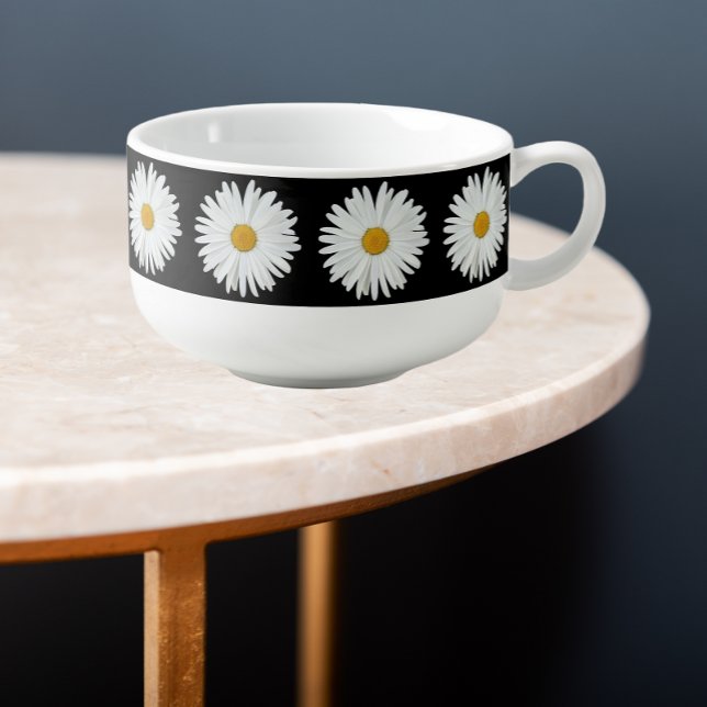 White Daisy Floral Pattern on Black Soup Mug (In Situ)