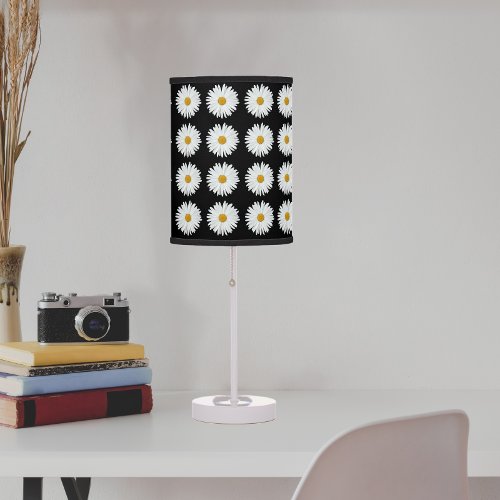 White Daisy Floral Pattern on Black Table Lamp