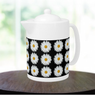 White Daisy Floral Pattern on Black Teapot