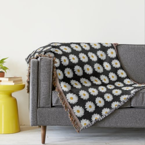 White Daisy Floral Pattern on Black Throw Blanket