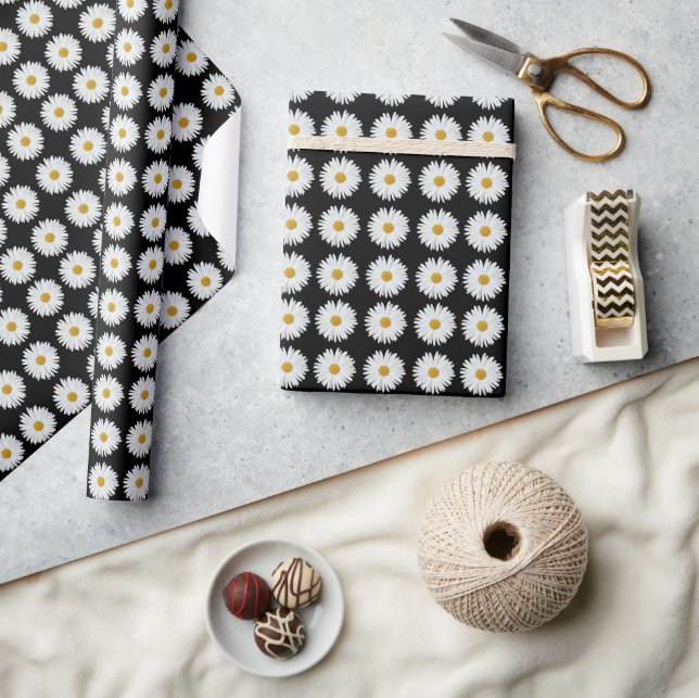 White Daisy Floral Pattern on Black Wrapping Paper (Crafts)