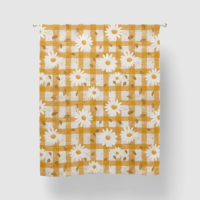 White Daisy Floral Pattern on Yellow Gingham (2) Blackout Curtains (Front)