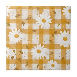 White Daisy Floral Pattern on Yellow Gingham (2) Ceramic Tile