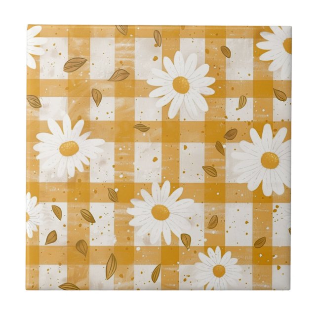 White Daisy Floral Pattern on Yellow Gingham (2) Ceramic Tile (Front)