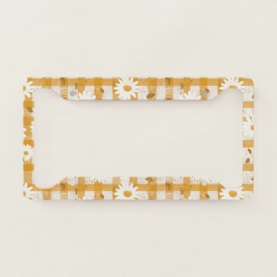 White Daisy Floral Pattern on Yellow Gingham (2) License Plate Frame
