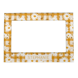 White Daisy Floral Pattern on Yellow Gingham (2) Magnetic Frame