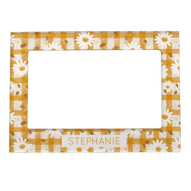 White Daisy Floral Pattern on Yellow Gingham (2) Magnetic Frame (Front)