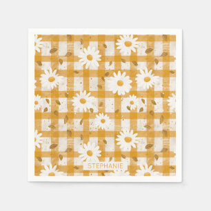 White Daisy Floral Pattern on Yellow Gingham (2) Napkins