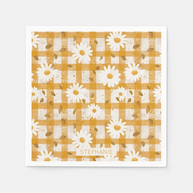 White Daisy Floral Pattern on Yellow Gingham (2) Napkins (Front)