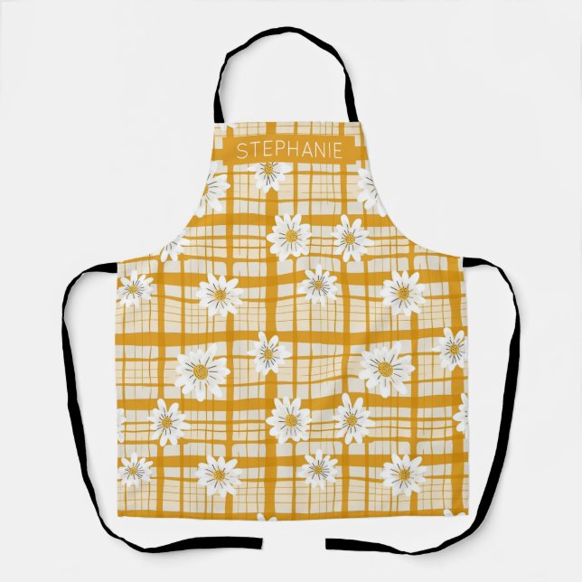 White Daisy Floral Pattern on Yellow Gingham Apron (Front)