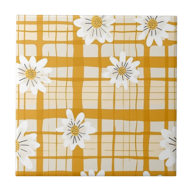 White Daisy Floral Pattern on Yellow Gingham Ceramic Tile (Front)