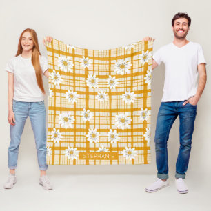 White Daisy Floral Pattern on Yellow Gingham Fleece Blanket