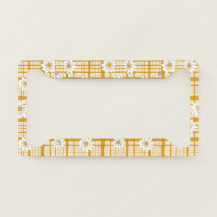 White Daisy Floral Pattern on Yellow Gingham License Plate Frame