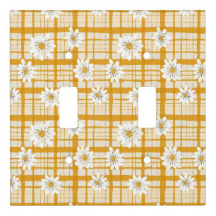 White Daisy Floral Pattern on Yellow Gingham Light Switch Cover