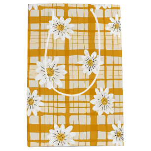 White Daisy Floral Pattern on Yellow Gingham Medium Gift Bag