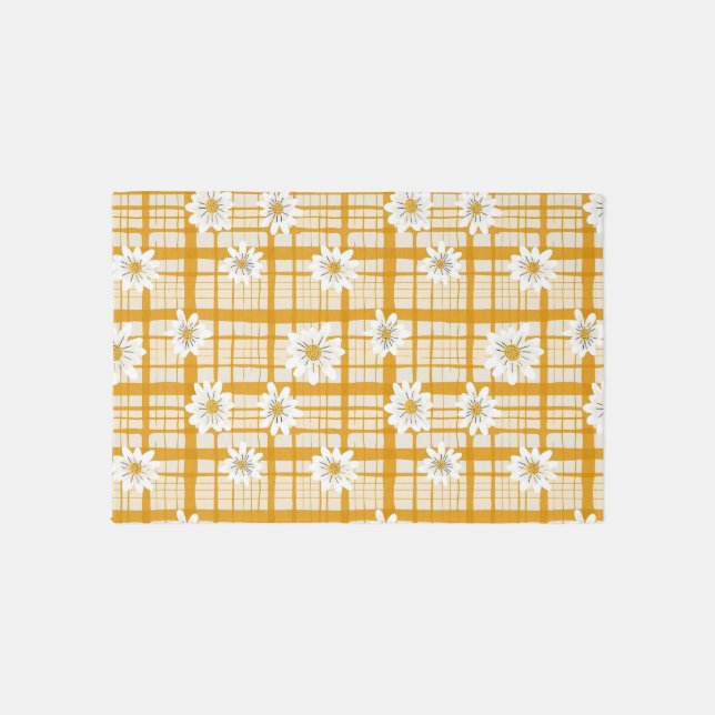 White Daisy Floral Pattern on Yellow Gingham Outdoor Rug (Front)