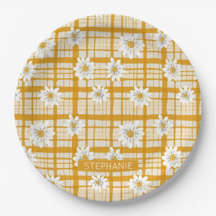 White Daisy Floral Pattern on Yellow Gingham Paper Plates